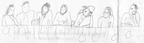 My sketch of the moderator and six bloggers sitting at their high table.