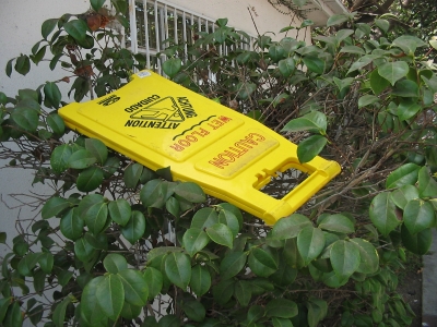 A wet-floor sign in some bushes outside of my school.