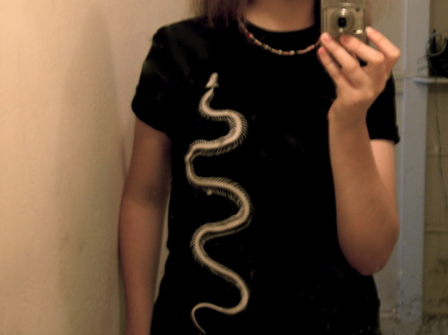 a mirror picture of me wearing a shirt with a snake skeleton on it