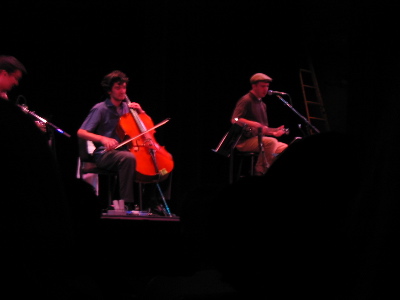 The right-hand half of the Magnetic Fields: guitarist/banjoist, cellist, and Stephin Merritt.