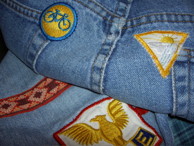 blue, red, and yellow patches on my jeans