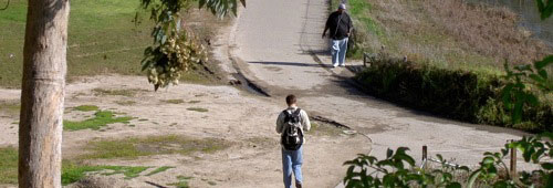 a guy walking near the lagoon