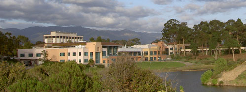 looking at the university center and the lagoon